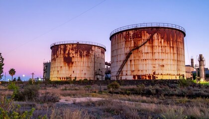 Abandoned Industrial Tanks with Rust at Sunset in Urban Landscape