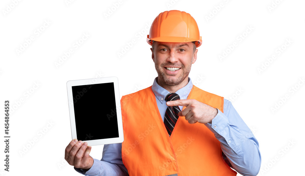 Fototapete Builder Engineer Guy Showing Digital Tablet Computer Pointing Finger At Empty Screen Standing Over White Background In Studio. Look Here, Online Building Service Ad Concept. Mockup, Panorama