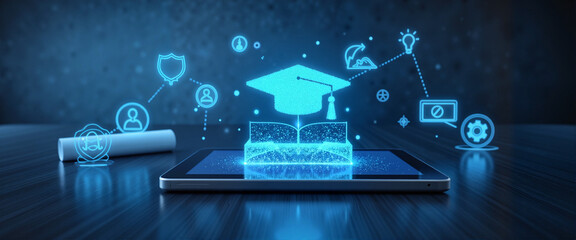 Digital graduation certificate displayed on tablet, educational achievement