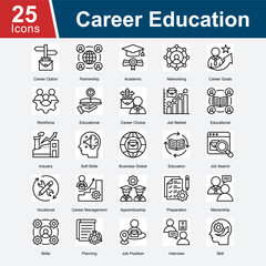 Career Education is a collection of icons representing various aspects of career development, including career options, job search, academic preparation, networking, career goals, workforce skills.