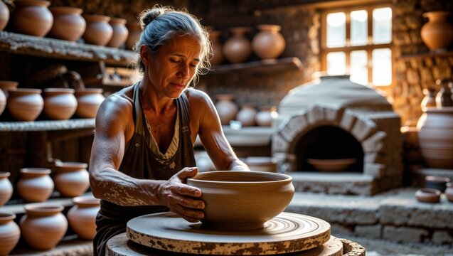 A mature woman crafts a clay bowl on a pottery wheel, surrounded by shelves of finished pieces in a rustic workshop. Sunlight streams through a window, illuminating the scene.