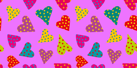 seamless vector pattern bright multicolored polka dot hearts on light purple background, fun bright love abstract design for Valentine's Day romantic theme
