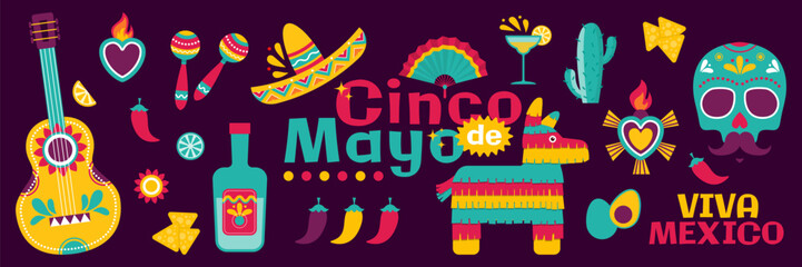 Cinco de Mayo Illustration with Mexican Symbols — Maracas, Piñata, Sombrero, and Festive Elements