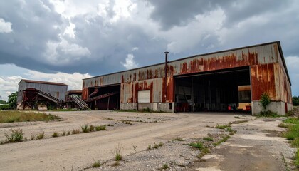 Obraz premium Rusty Industrial Warehouse Surrounded by Overgrown Land and Clouds