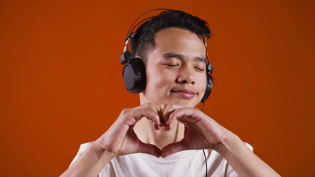 Young man enjoying music with headphones, making heart gesture with hands on orange background