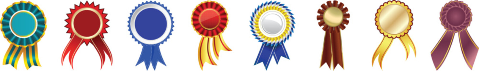 Set of colorful certifications medals with ribbons.