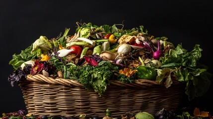 A stunning image of a decorative basket filled with abundant, fresh vegetable scraps and greens, beautifully arranged to showcase the concept of healthy composting and sustainability.