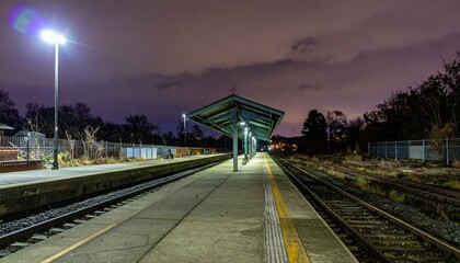 Empty Train Station Platform at Night Under Dramatic Cloudy Sky