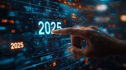 Future Growth Projections for 2025, A hand pointing at a digital display showing the year 2025 with an upward trend graph