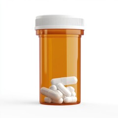 Amber prescription bottle filled with white capsules.