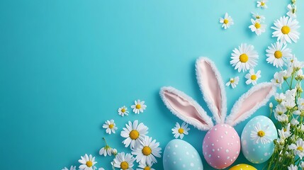 Top view Easter greeting featuring bunny head pastel painted eggs white flowers blue background image