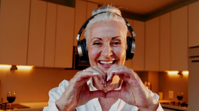 Happy senior woman listening to music with headphones, making heart gesture with hands in cozy kitchen