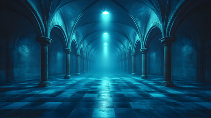 Obraz premium Gothic hall with pointed arches illuminated at night
