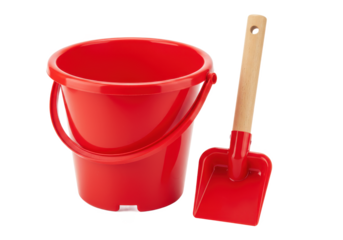 Red bucket and shovel isolated on transparent background