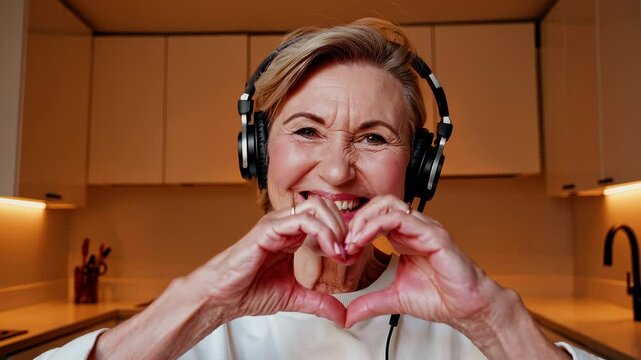 Joyful senior woman listening to music with headphones, making heart gesture with hands in modern