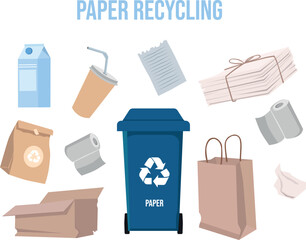 Paper waste recycling vector illustration set