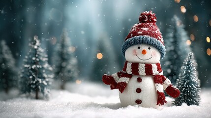 Cheerful Snowman in Snowy Landscape for Merry Christmas Greeting Card