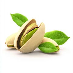 Fresh pistachios in their shells, with vibrant green leaves.