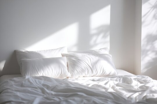 A cozy, unmade bed with white pillows and sheets bathed in soft natural sunlight from a nearby window.