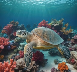 Green sea turtle gracefully swims amidst vibrant coral reef ,  underwater,  ocean,  nature
