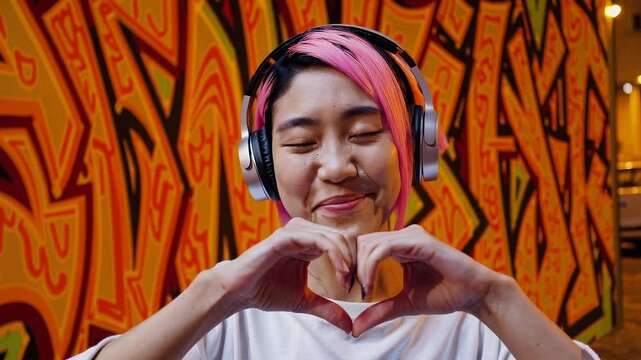 Happy young woman with pink hair listening to music with headphones, making heart gesture in front of graffiti wall