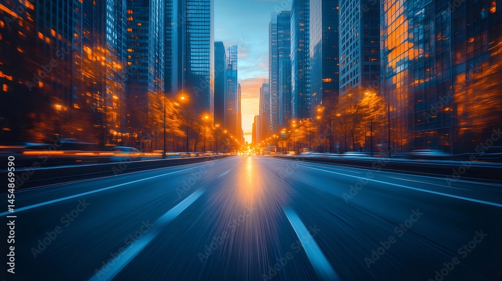 Poster 夜の都市の道路の遠近法的視点でオレンジ色の光と青色のハイライトがある都市景観