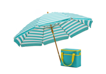 Striped umbrella with cooler isolated on transparent background