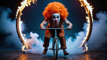 Obraz premium A young Caucasian clown with vibrant orange hair rides a unicycle through a fiery ring, creating a dramatic and captivating scene.