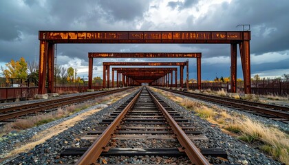Fototapeta premium Rusty Industrial Railway Bridge with Dramatic Cloudy Sky View
