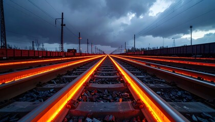 Glowing Train Tracks Under Dramatic Cloudy Sky at Dusk
