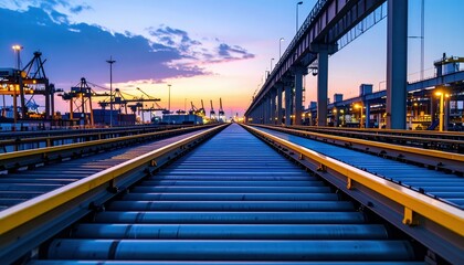 Obraz premium Industrial Rail Tracks Under Sunset Sky with Port in Background