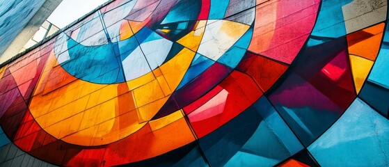 Fototapeta premium Geometric mural showcases abstract composition featuring colorful pigments, embodying contemporary design.