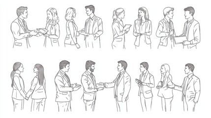 Linear vector illustration set of negotiating business people. Diverse men and women at business meetings, conclude an agreement, agree on cooperation, negotiate, shake hands, sell goods and services