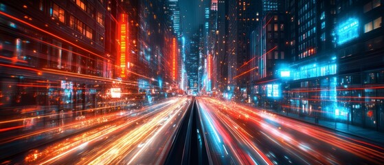 Cityscape demonstrates dynamic movement with streaking lights and illuminated buildings conveying speed and modern urban environment.