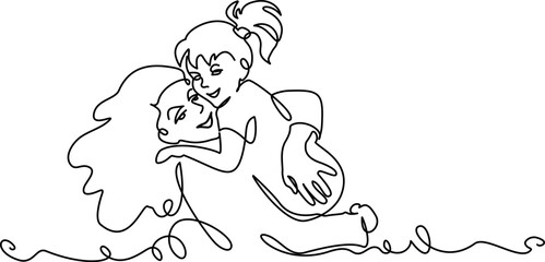 Happy Mothers day card. Continuous one line drawing. Woman hold her small daughter.