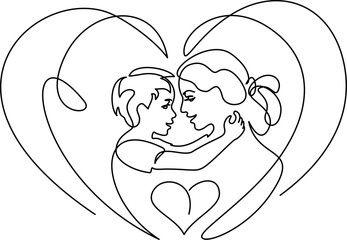 Happy Mother day card. Continuous one line drawing. Woman hold her little son inside heart.