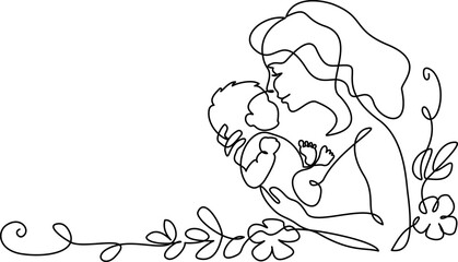 Happy Mother day card. Continuous one line drawing. Woman hold her baby