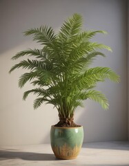 Fototapeta premium Lush golden cane palm in elegant ceramic pot, vibrant green foliage , container, greenery, background