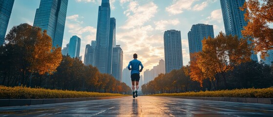 Fototapeta premium Adult man jogging towards viewer down urban avenue amidst highrise buildings, embracing physical activity.