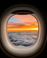 Airplane Window View Sunset Over a Sea of Clouds
