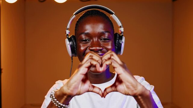Smiling young man listening to music with headphones, making heart gesture with hands in warm indoor lighting