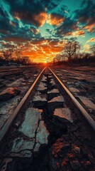 Naklejka premium Abandoned train tracks at sunset. Dramatic clouds and vibrant colors meet the cracked railroad bed, creating a sense of desolation and vastness