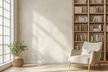 Fototapeta premium Serene Reading Nook Minimalist Home Library Design with Comfortable Armchair and Natural Light
