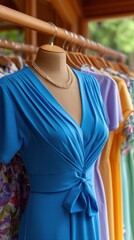 Fototapeta premium Elegant blue dress displayed on a mannequin with a pearl necklace on a rack with other colorful dresses.