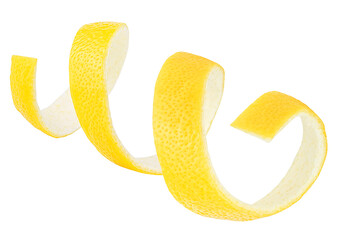 Spiral form of fresh lemon zest isolated on a white background. Lemon peel or lemon skin.