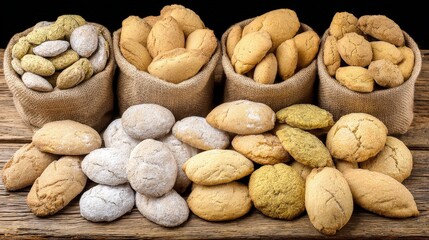 Obraz premium Delicious Homemade Cookies in Burlap Sacks Rustic Bakery Setting