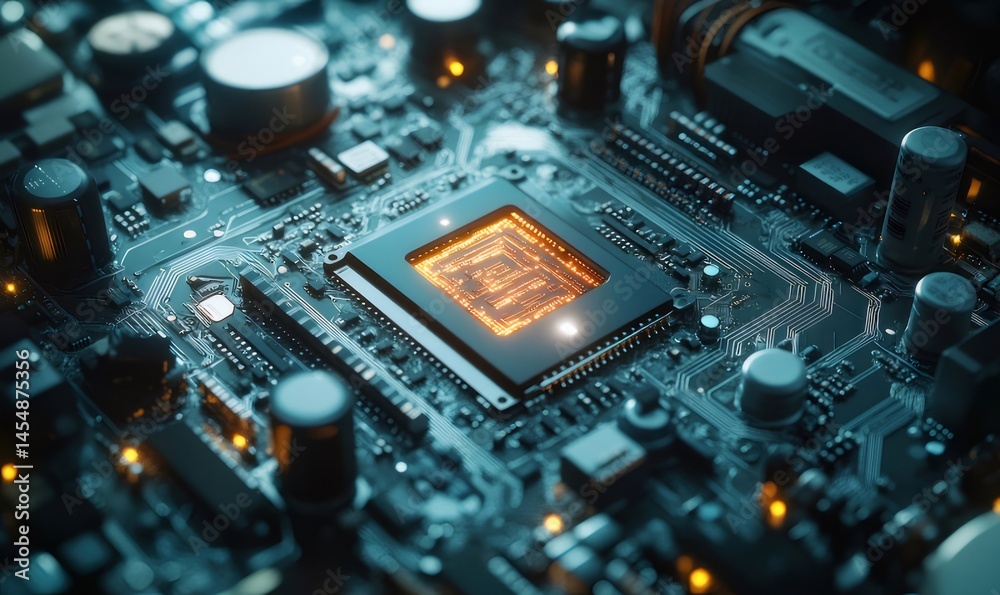 Poster 青とオレンジの光で照らされた回路基板のクローズアップ未来的なコンピューターテクノロジー