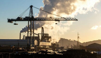 Obraz premium Industrial Landscape with Crane and Smoke Against Sunset Sky