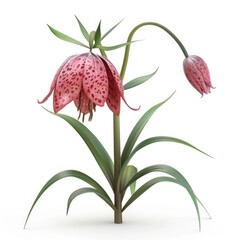 Pink and speckled fritillary plant against white background.