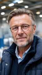 Obraz premium Portrait of a mature man with glasses, wearing casual clothing inside a modern industrial warehouse building